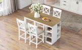 TOPMAX 60"Lx30"W Solid Wood Farmhouse Counter Height Dining Table Set with 3-Tier Storage Shelves, Upholstered Dining Chairs for 4, 5-Piece, White