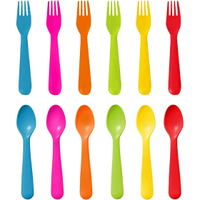 Toddler Utensils Set by PLASKIDY Kids Utensils 6 Forks and 6 Spoons - BPA FREE / Dishwasher Safe Toddlers Silverware Set Brightly Colored Children's S