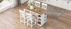 TOPMAX 60"Lx30"W Solid Wood Farmhouse Counter Height Dining Table Set with 3-Tier Storage Shelves, Upholstered Dining Chairs for 4, 5-Piece, White